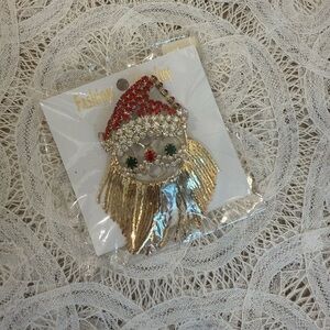 Vintage Gold Tone Santa Claus With Green Red Rhinestones Tassel Beard Brooch Pin